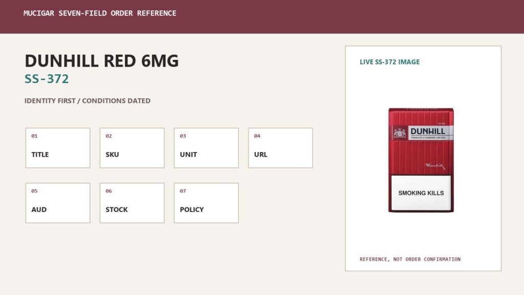 MuCigar seven-field order reference card for Dunhill Red 6mg SS-372 with carton identity and live product image