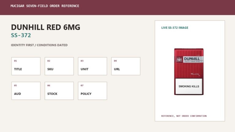 MuCigar seven-field order reference card for Dunhill Red 6mg SS-372 with carton identity and live product image